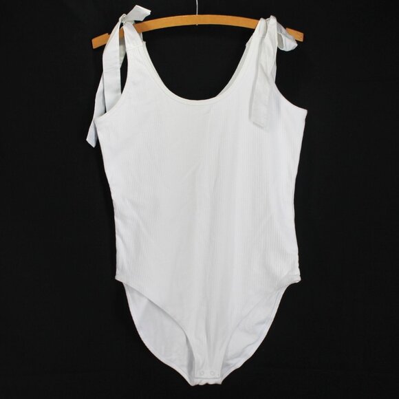 Old Navy Tie Shoulder Bodysuit Womens Sz L White Rib Knit Sleeveless Sccop Neck - Picture 1 of 5